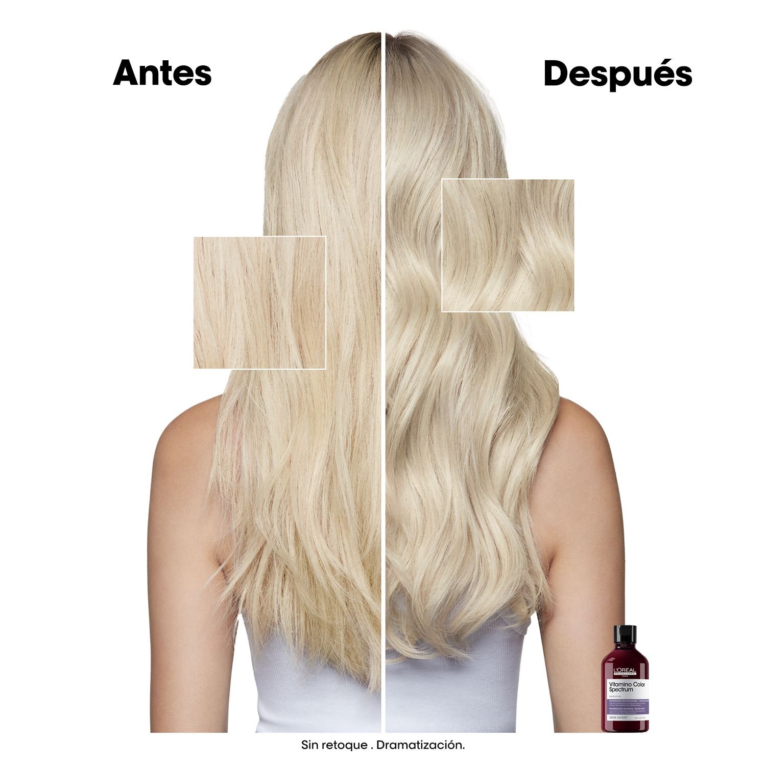 Antes y después cabello claro con Vitamino Color Spectrum